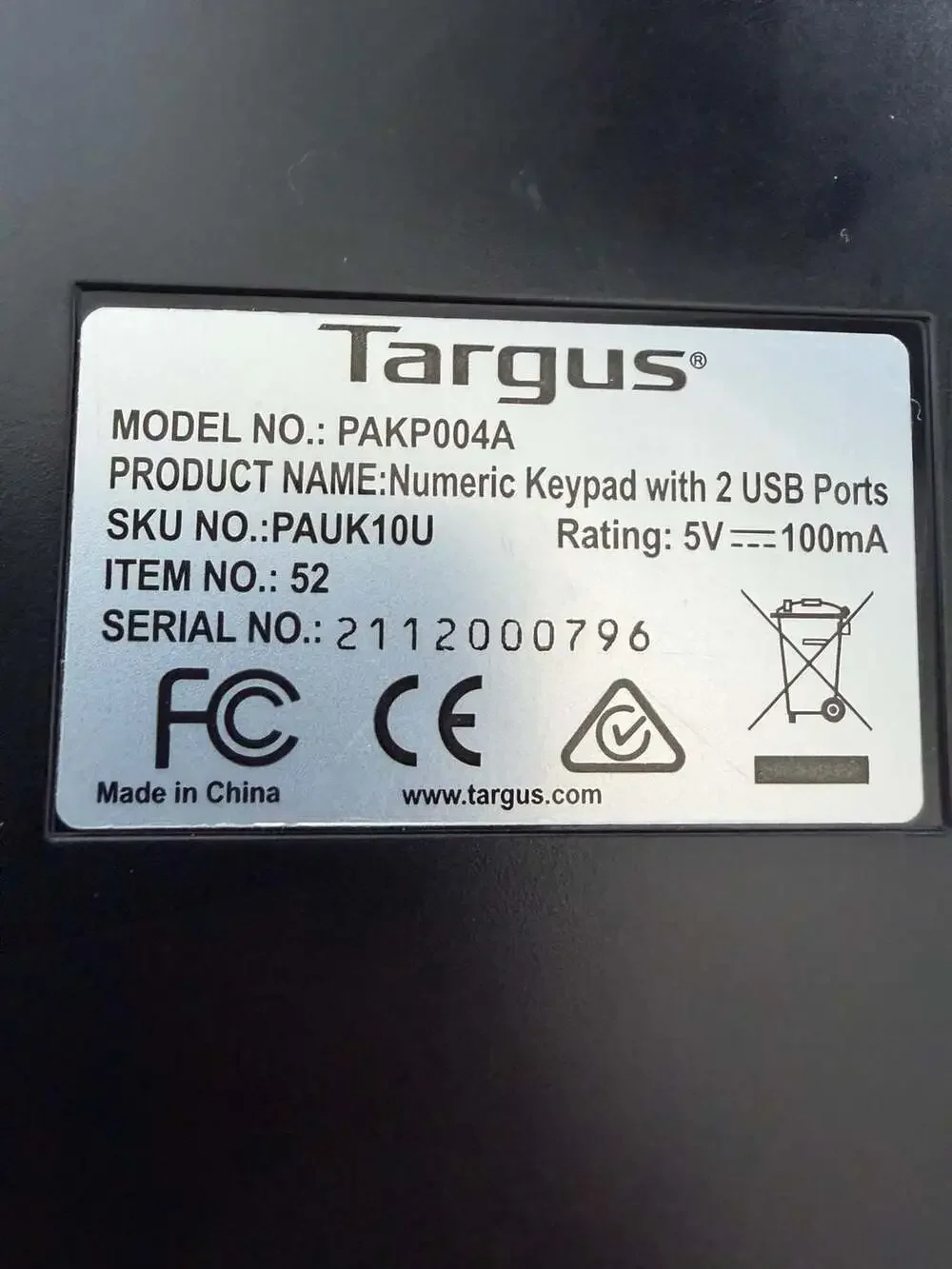 Targus Numeric Keypad with 2 USB Ports Model PAKP004A